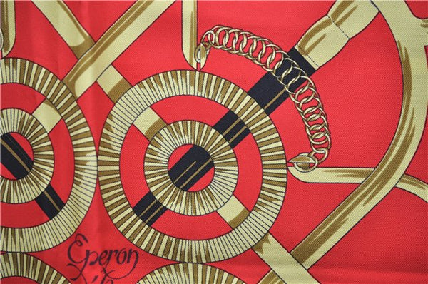 Authentic HERMES Carre 90 Scarf "Eperon d'or" Silk Red 3091E