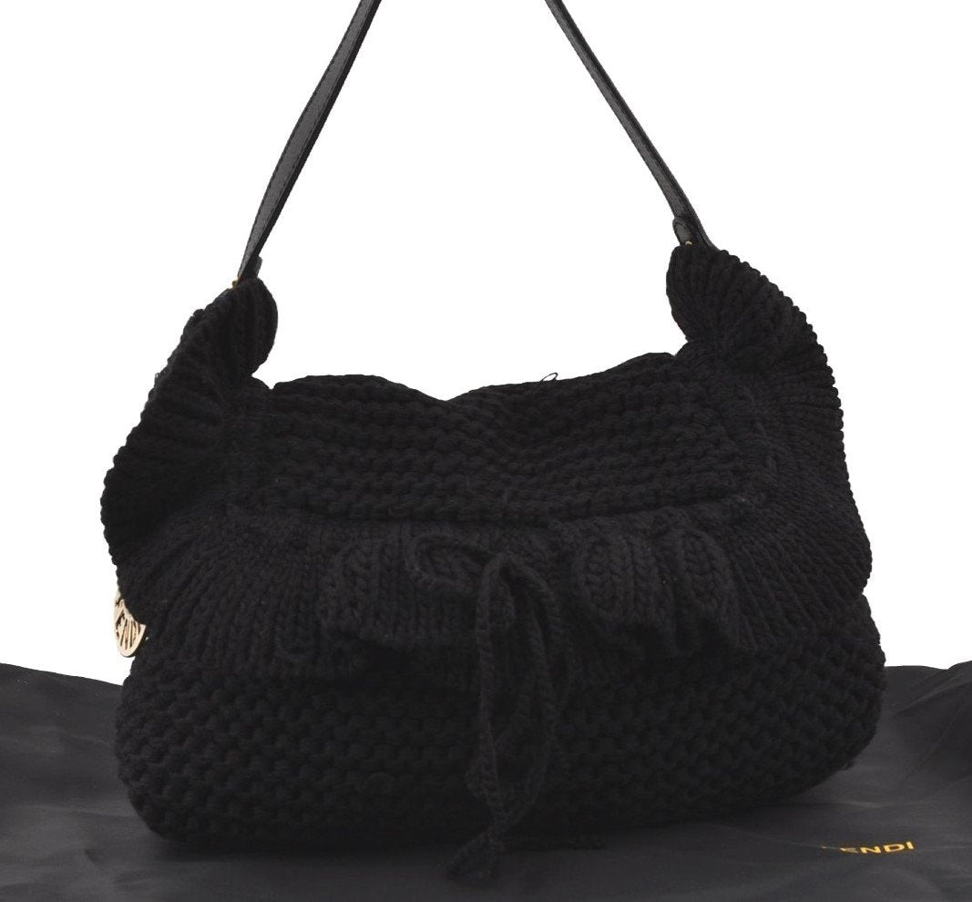 Authentic FENDI Chef Bag Vintage Shoulder Bag Purse Knit Leather Black 3091I