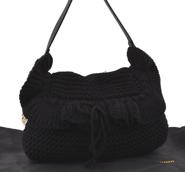 Authentic FENDI Chef Bag Vintage Shoulder Bag Purse Knit Leather Black 3091I