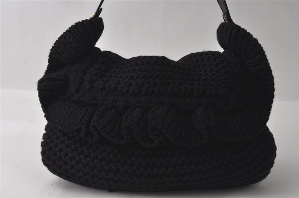 Authentic FENDI Chef Bag Vintage Shoulder Bag Purse Knit Leather Black 3091I