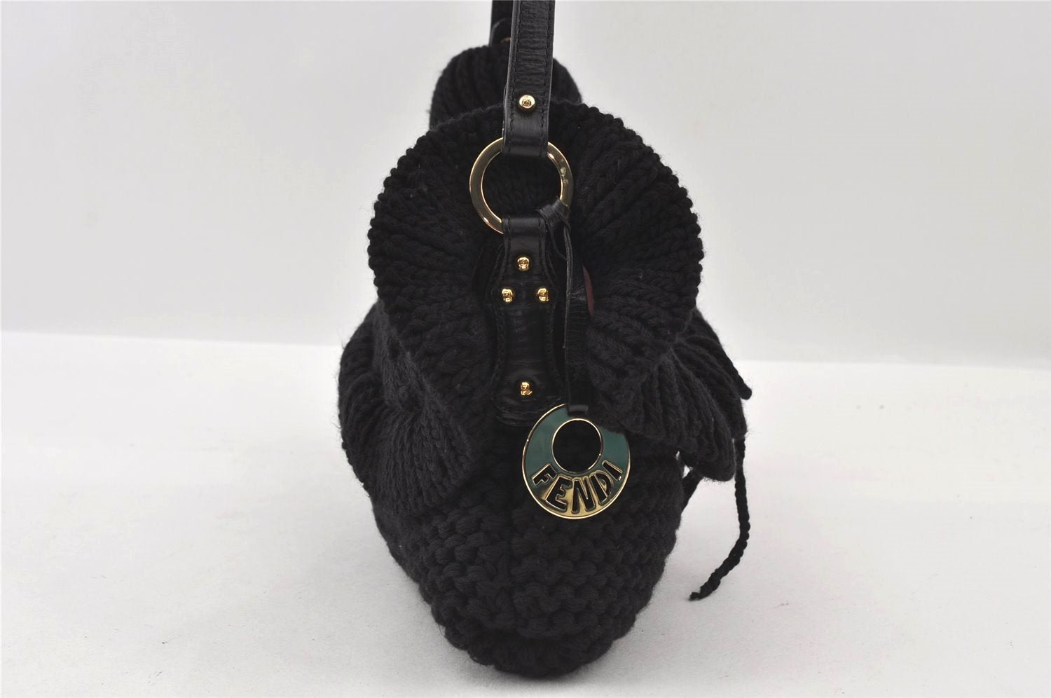 Authentic FENDI Chef Bag Vintage Shoulder Bag Purse Knit Leather Black 3091I
