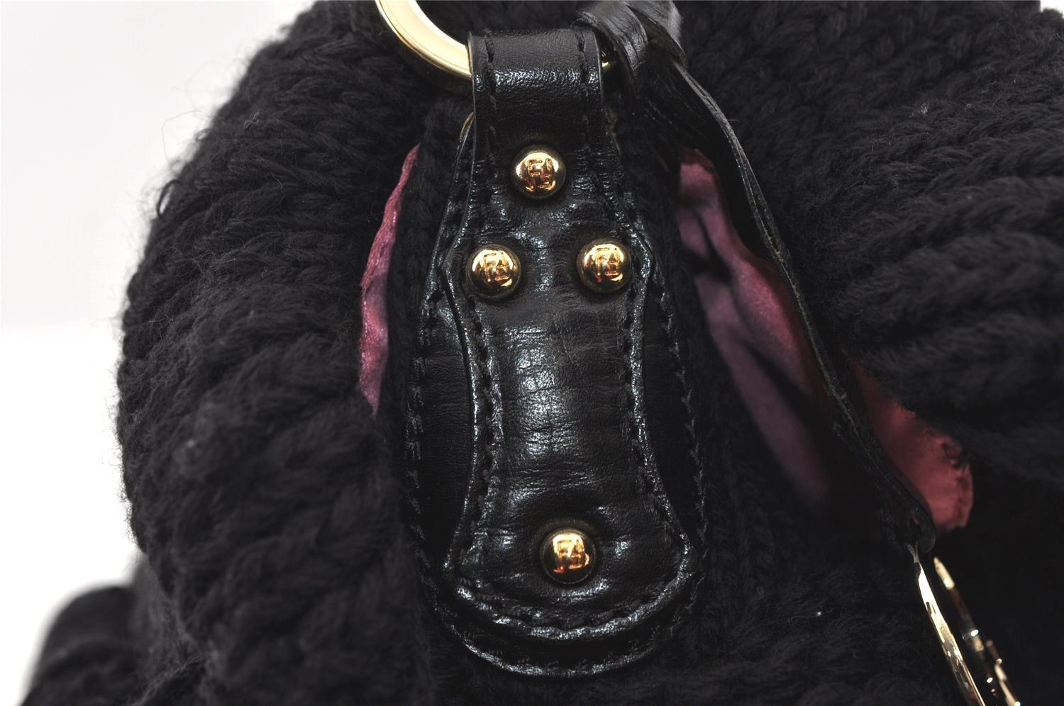 Authentic FENDI Chef Bag Vintage Shoulder Bag Purse Knit Leather Black 3091I