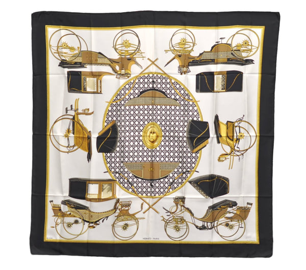 Authentic HERMES Carre 90 Scarf "LES VOITURES A TRANSFORMATION" Silk Black 3095E