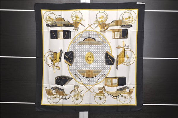 Authentic HERMES Carre 90 Scarf "LES VOITURES A TRANSFORMATION" Silk Black 3095E