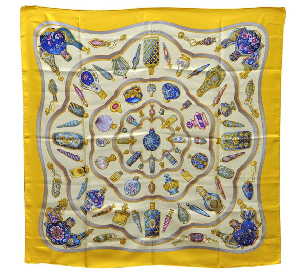 Authentic HERMES Carre 90 Scarf "Qu' importe le flacon" Silk Yellow 3099D