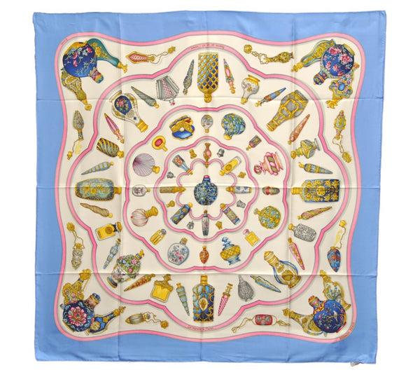 Authentic HERMES Carre 90 Scarf "Qu' importe le flacon..." Silk Light Blue 3102E