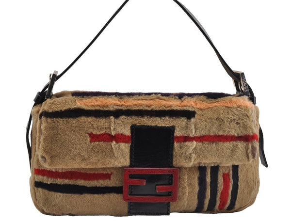 Authentic FENDI Mamma Baguette Shoulder Hand Bag Fur Leather Beige 3102I