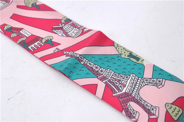 Auth HERMES Twilly Scarf "Les Nouveaux Amoureux de Paris" Silk Green Pink 3103D