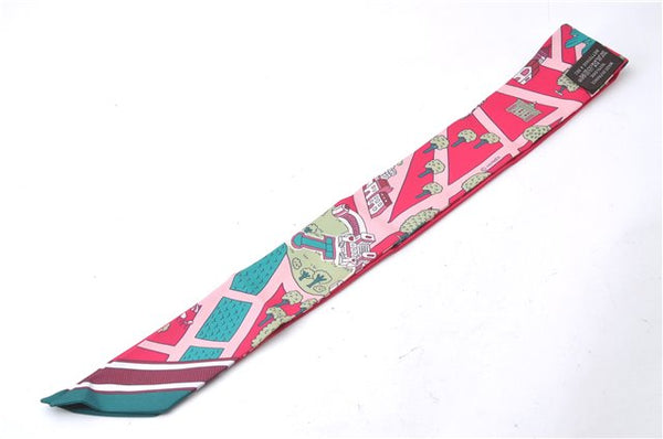 Auth HERMES Twilly Scarf "Les Nouveaux Amoureux de Paris" Silk Green Pink 3103D