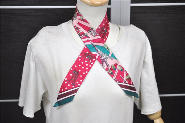 Auth HERMES Twilly Scarf "Les Nouveaux Amoureux de Paris" Silk Green Pink 3103D