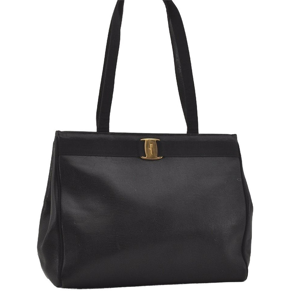 Authentic Salvatore Ferragamo Vara Vintage Leather Shoulder Tote Bag Black 3105I