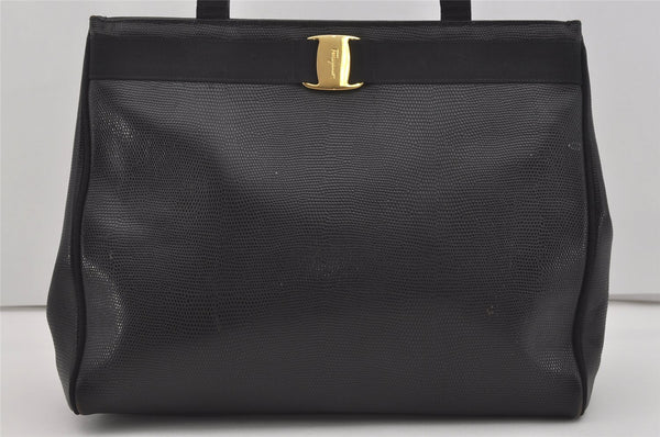 Authentic Salvatore Ferragamo Vara Vintage Leather Shoulder Tote Bag Black 3105I