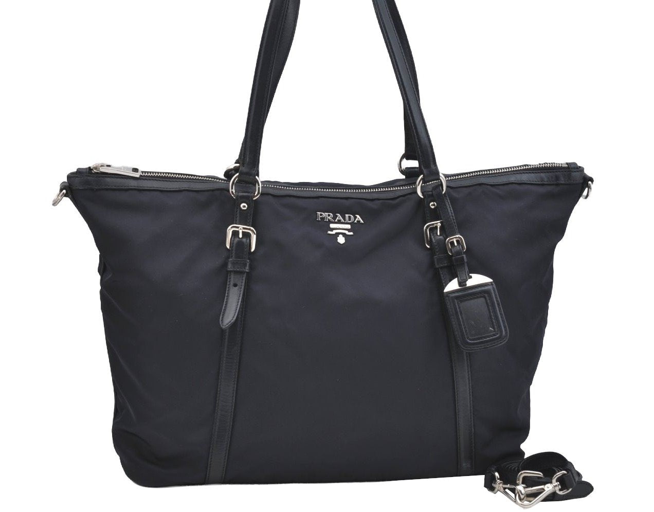 Authentic PRADA Nylon Tessuto Leather 2Way Shoulder Tote Hand Bag Navy 3115I