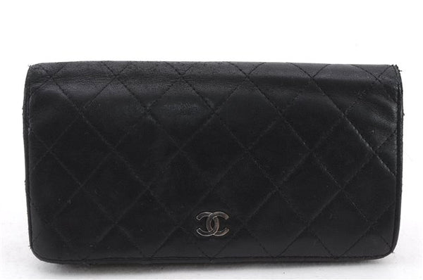 Authentic CHANEL Calf Skin Matelasse Long Wallet Purse CC Logo Black 3122C