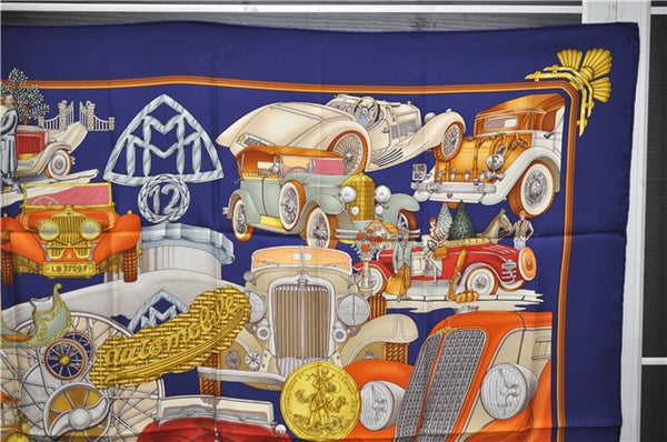 Authentic HERMES Carre 90 Scarf "AUTOMOBILE" Silk Navy 3122E