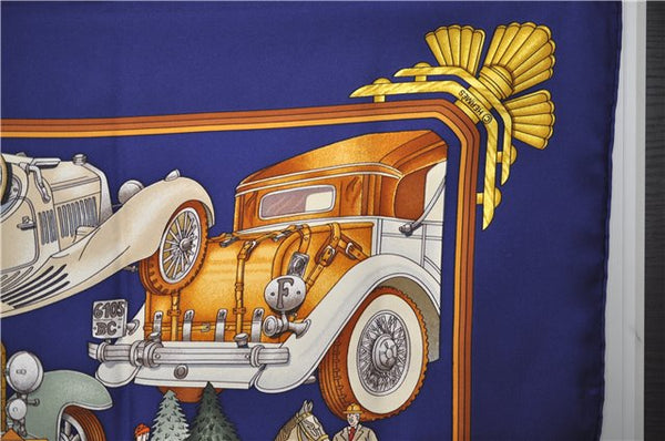 Authentic HERMES Carre 90 Scarf "AUTOMOBILE" Silk Navy 3122E