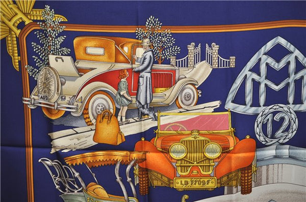 Authentic HERMES Carre 90 Scarf "AUTOMOBILE" Silk Navy 3122E