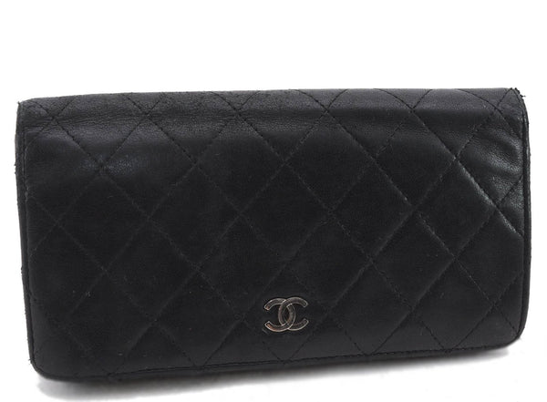 Authentic CHANEL Calf Skin Matelasse Long Wallet Purse CC Logo Black 3122C