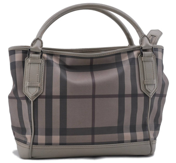 Authentic BURBERRY Check Hand Tote Bag PVC Leather Gray Beige 3123D