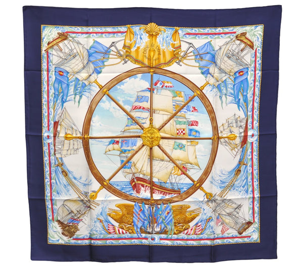 Authentic HERMES Carre 90 Scarf "vive le vent" Silk Navy Blue 3125E