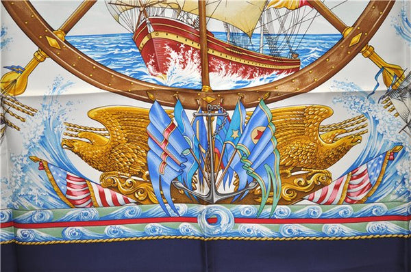 Authentic HERMES Carre 90 Scarf "vive le vent" Silk Navy Blue 3125E