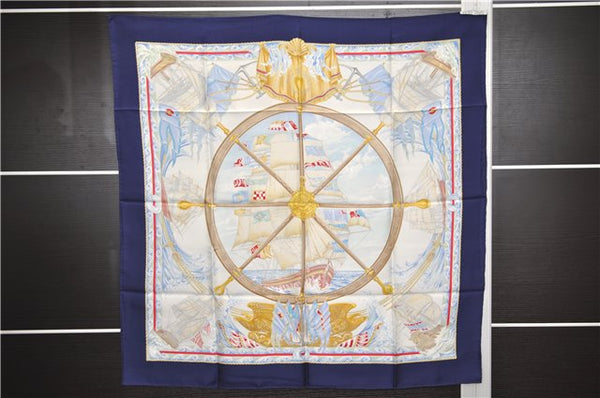 Authentic HERMES Carre 90 Scarf "vive le vent" Silk Navy Blue 3125E