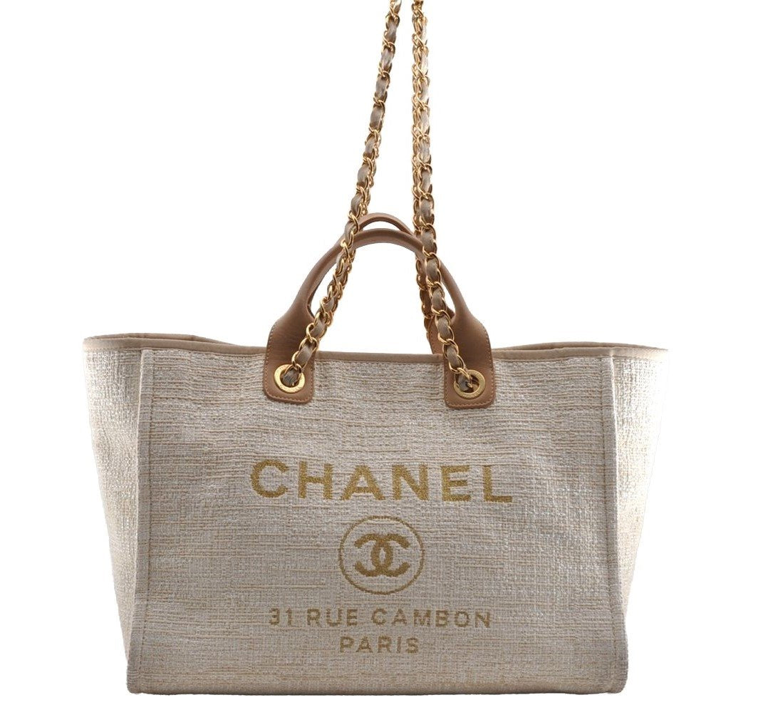 Authentic CHANEL Deauville Line CC Logo 2Way Shoulder Tote Bag Tweed Beige 3127I