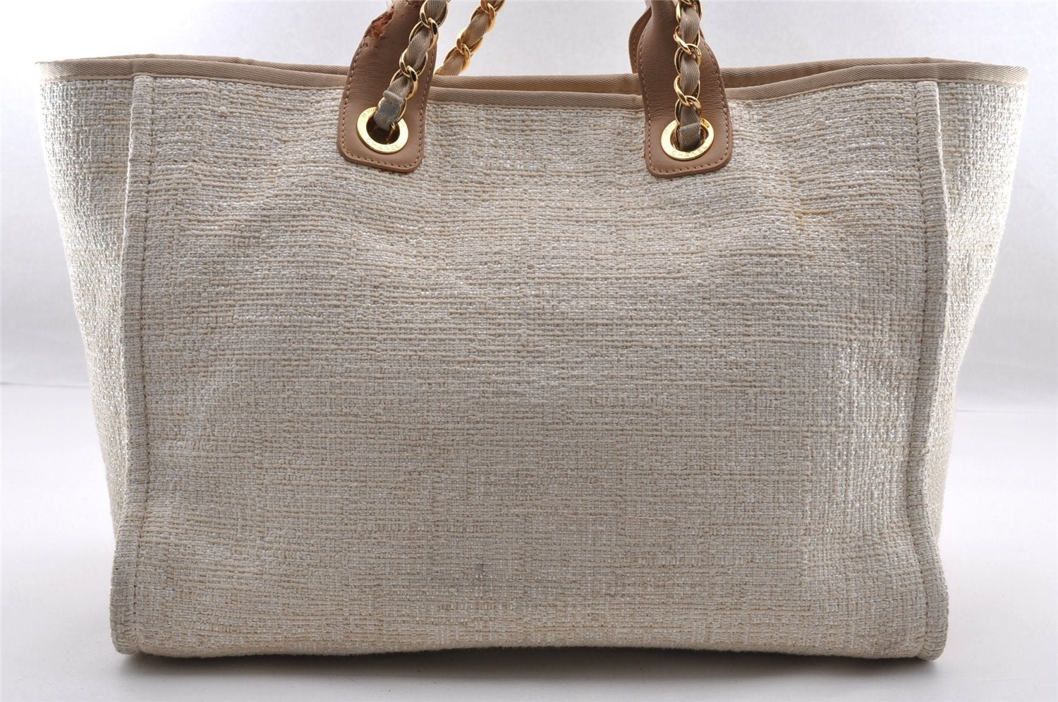 Authentic CHANEL Deauville Line CC Logo 2Way Shoulder Tote Bag Tweed Beige 3127I