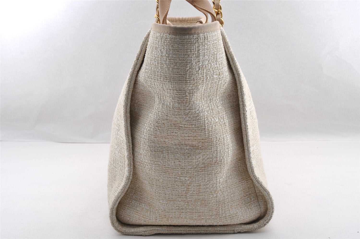 Authentic CHANEL Deauville Line CC Logo 2Way Shoulder Tote Bag Tweed Beige 3127I