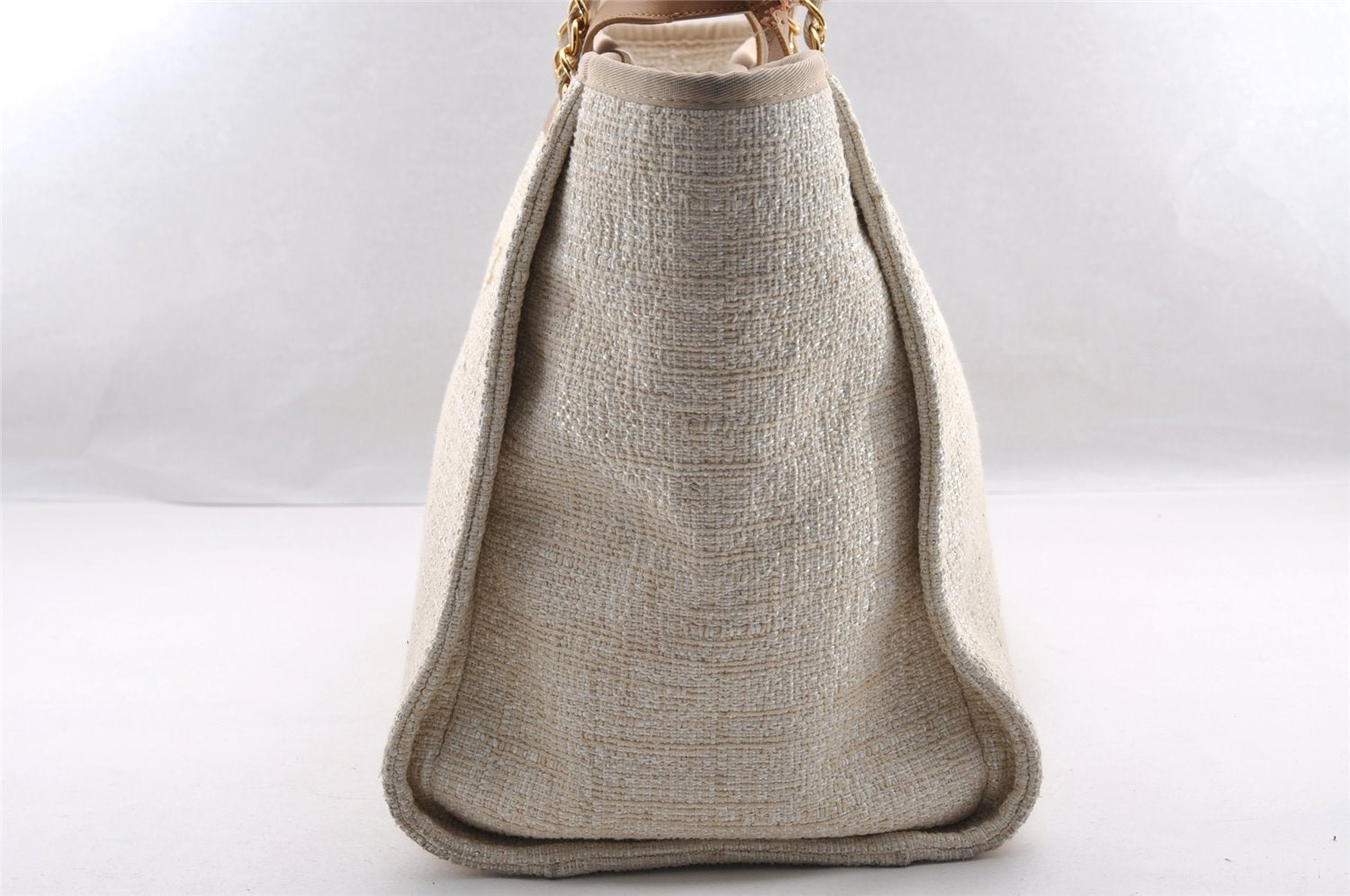 Authentic CHANEL Deauville Line CC Logo 2Way Shoulder Tote Bag Tweed Beige 3127I