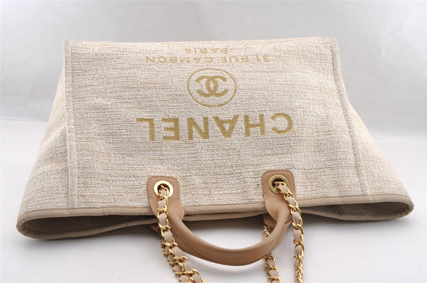 Authentic CHANEL Deauville Line CC Logo 2Way Shoulder Tote Bag Tweed Beige 3127I