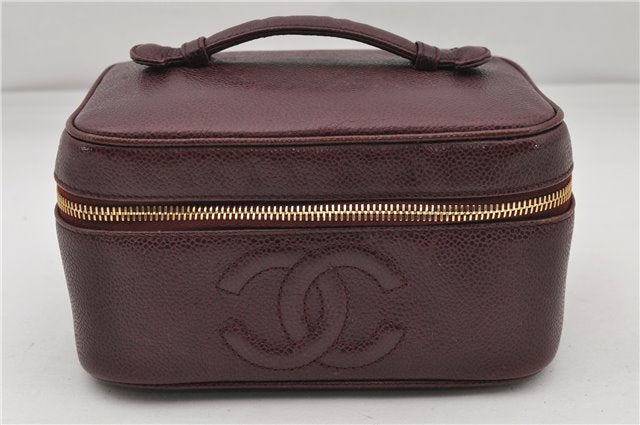 Authentic CHANEL Caviar Skin Vanity Cosmetic Hand Bag Bordeaux Red CC 3130D