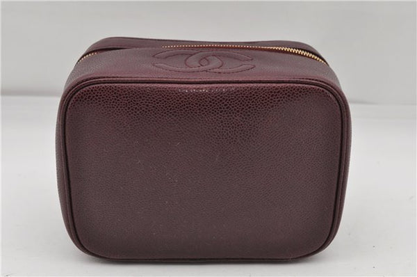 Authentic CHANEL Caviar Skin Vanity Cosmetic Hand Bag Bordeaux Red CC 3130D
