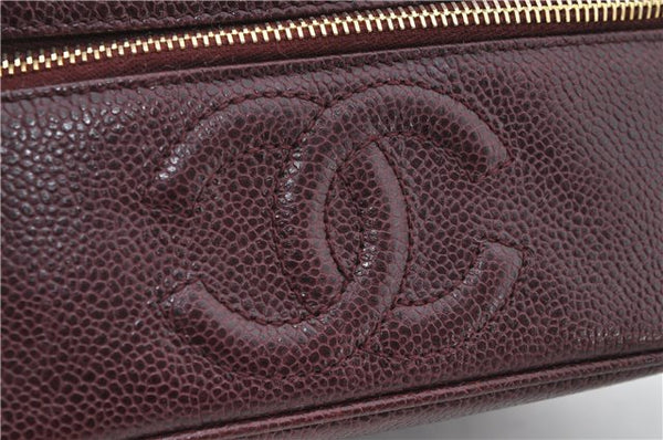 Authentic CHANEL Caviar Skin Vanity Cosmetic Hand Bag Bordeaux Red CC 3130D