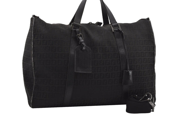 Authentic FENDI Zucchino 2Way Shoulder Boston Bag Canvas Leather Black 3131I