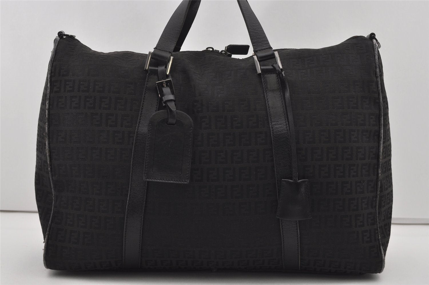 Authentic FENDI Zucchino 2Way Shoulder Boston Bag Canvas Leather Black 3131I