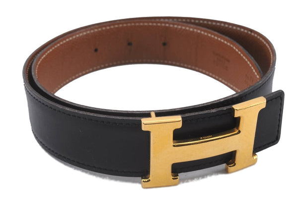 Authentic HERMES Constance Ladies Leather Belt Size 75cm 29.5" Black Gray 3135D