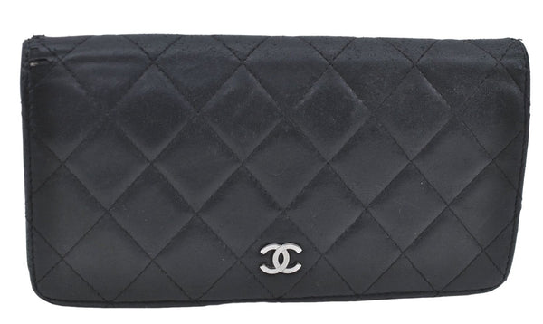 Authentic CHANEL Lamb Skin Matelasse Bifold Long Wallet Purse Black CC 3137C