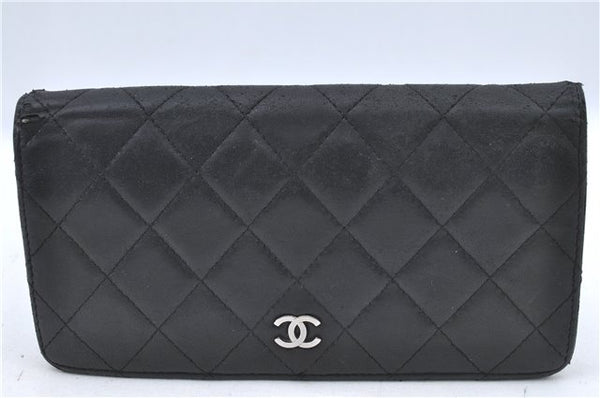 Authentic CHANEL Lamb Skin Matelasse Bifold Long Wallet Purse Black CC 3137C