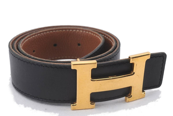 Authentic HERMES Constance Ladies Leather Belt Size 70cm 27.6" Black Brown 3138D