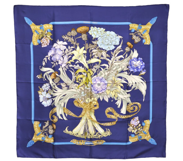 Authentic HERMES Carre 90 Scarf "REGINA" Silk Blue 3138E