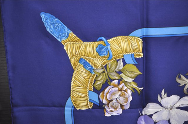 Authentic HERMES Carre 90 Scarf "REGINA" Silk Blue 3138E