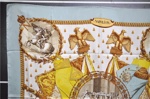 Authentic HERMES Carre 90 Scarf "NAPOLEON" Silk Light Blue 3140E