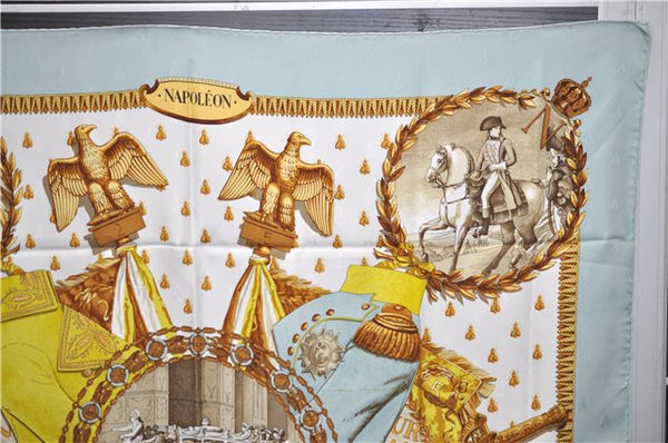 Authentic HERMES Carre 90 Scarf "NAPOLEON" Silk Light Blue 3140E