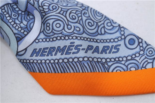 Authentic HERMES Twilly Scarf "SELLE DE DIGNITAIRE" Silk Blue Orange 3141D