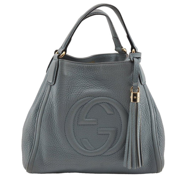 Authentic GUCCI SOHO Tassel 2Way Hand Tote Bag Leather 336751 Light Blue 3141I
