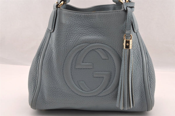 Authentic GUCCI SOHO Tassel 2Way Hand Tote Bag Leather 336751 Light Blue 3141I
