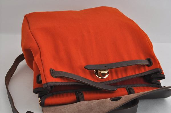 Authentic HERMES Her Bag Ado 2in1 2Way Backpack Canvas Leather Orange Red 3145I