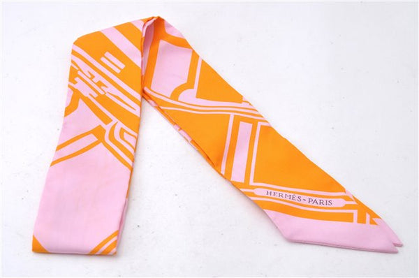 Authentic HERMES Twilly Scarf "Les Coupes Tattoo" Silk Orange Pink Box 3149D