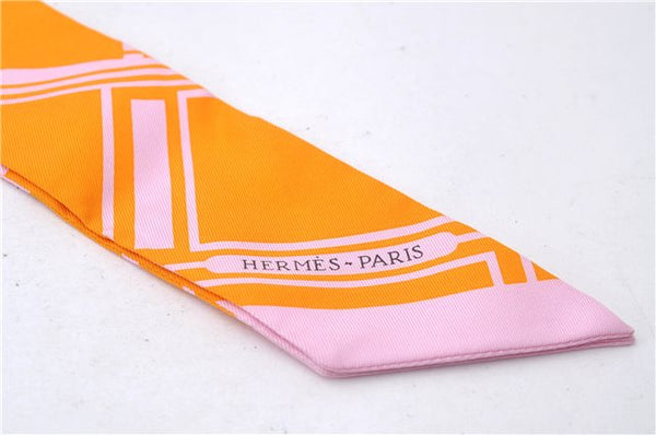 Authentic HERMES Twilly Scarf "Les Coupes Tattoo" Silk Orange Pink Box 3149D